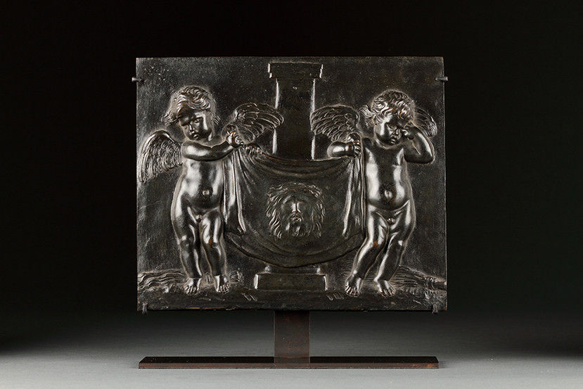 Italian Roman Rectangular Bronze Devotional Plaque Depicting Weeping Cherubim Displaying St Veronica’s Veil